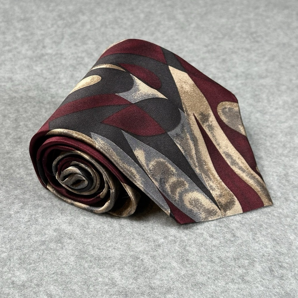 Aquascutum London Silk Tie Abstract Burgundy Gold Vintage 90s 54x3.75in